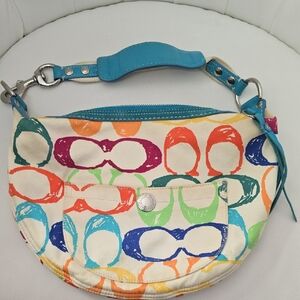 Coach Multicolor Legacy Scribble Canvas Shoulder Bag Blue Leather Trim Y2K